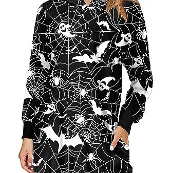 Talla: S - Vestido de Fiesta de Halloween Mujer con Temática Divertida de Telaraña y Murciélagos en Manga Larga Negro Sale