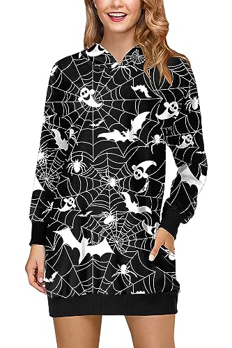 Talla: S - Vestido de Fiesta de Halloween Mujer con Temática Divertida de Telaraña y Murciélagos en Manga Larga Negro Sale